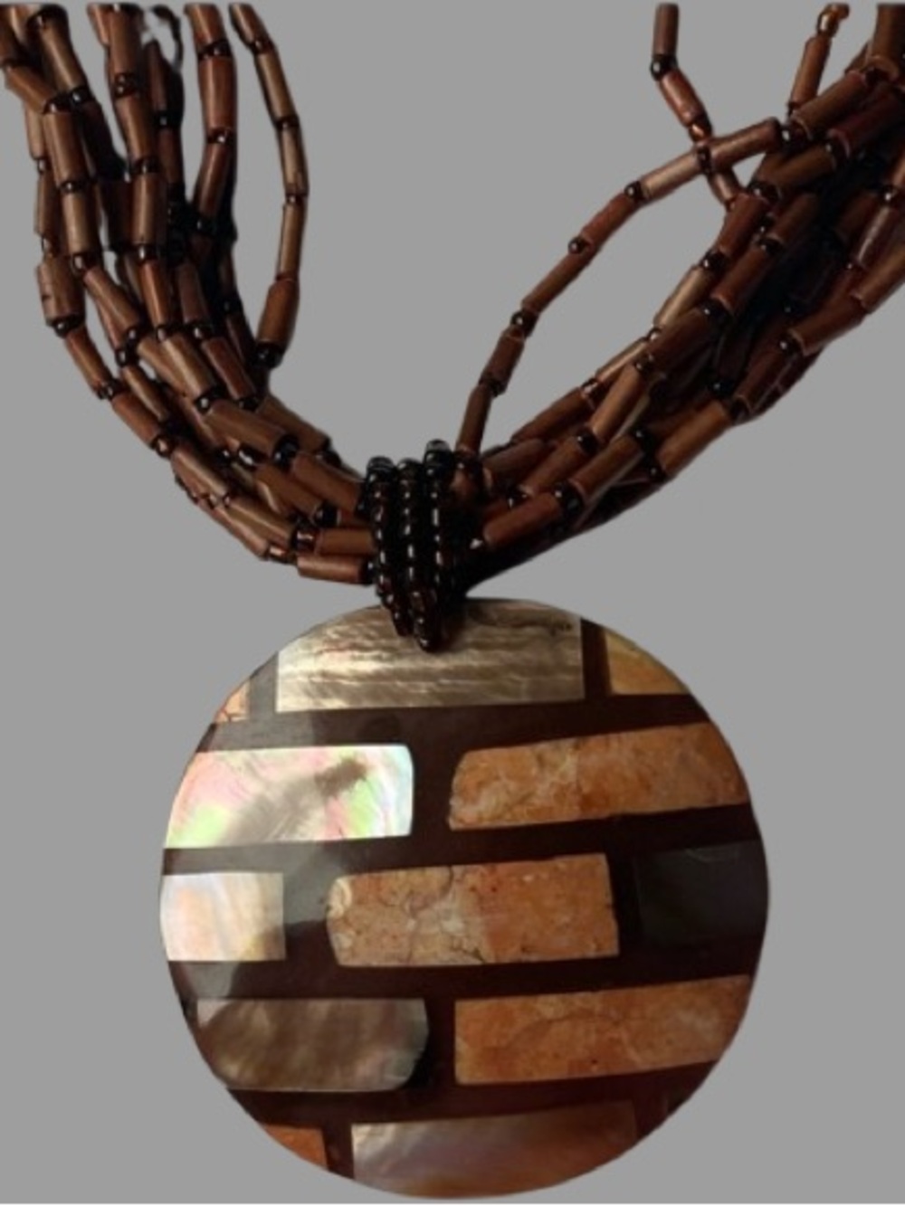 Vintage 10 Strand Bead Necklace Round Pendant With Mother-Of-Pearl Mosaic Inlay
